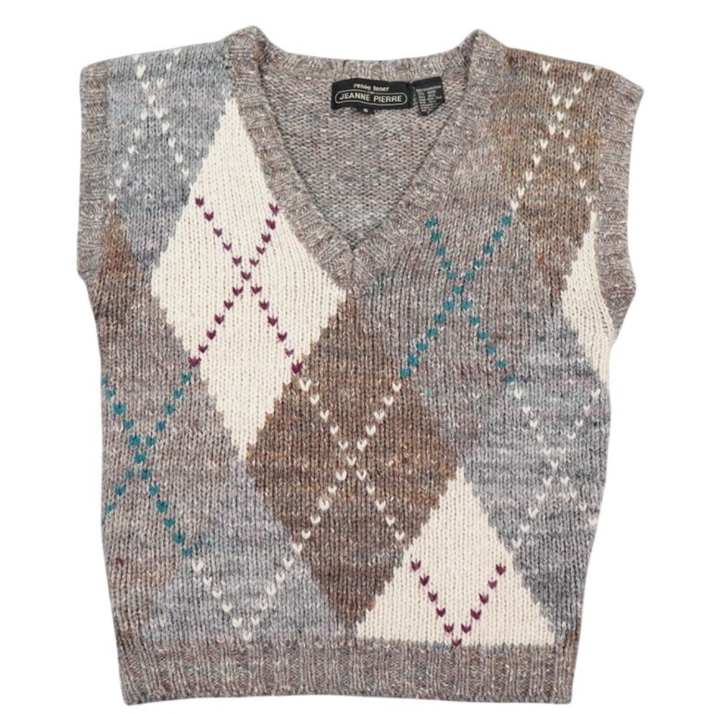 Jeanne Pierre Wool Silk Sweater Vest Mens S Brown Argyle VTG V-Neck Knit Logo